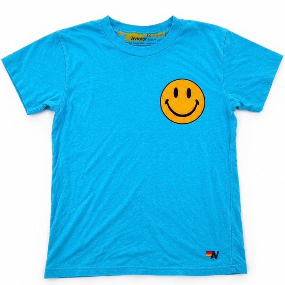 Aviator Nation Bright Blue Tee with Yellow Smiley Chest Graphic